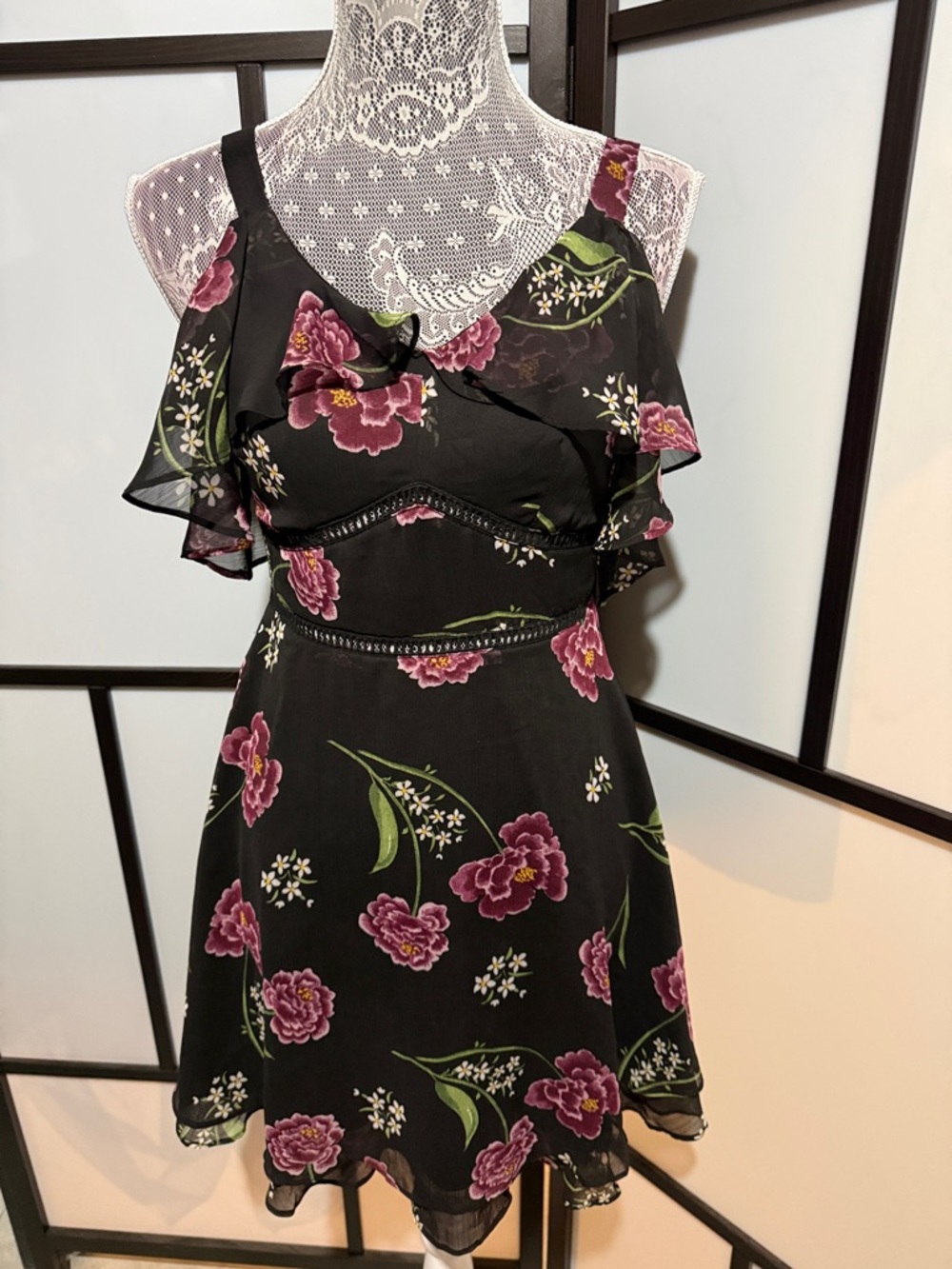 Black Midi Dress with Purple Floral Print and Ruffle Accents